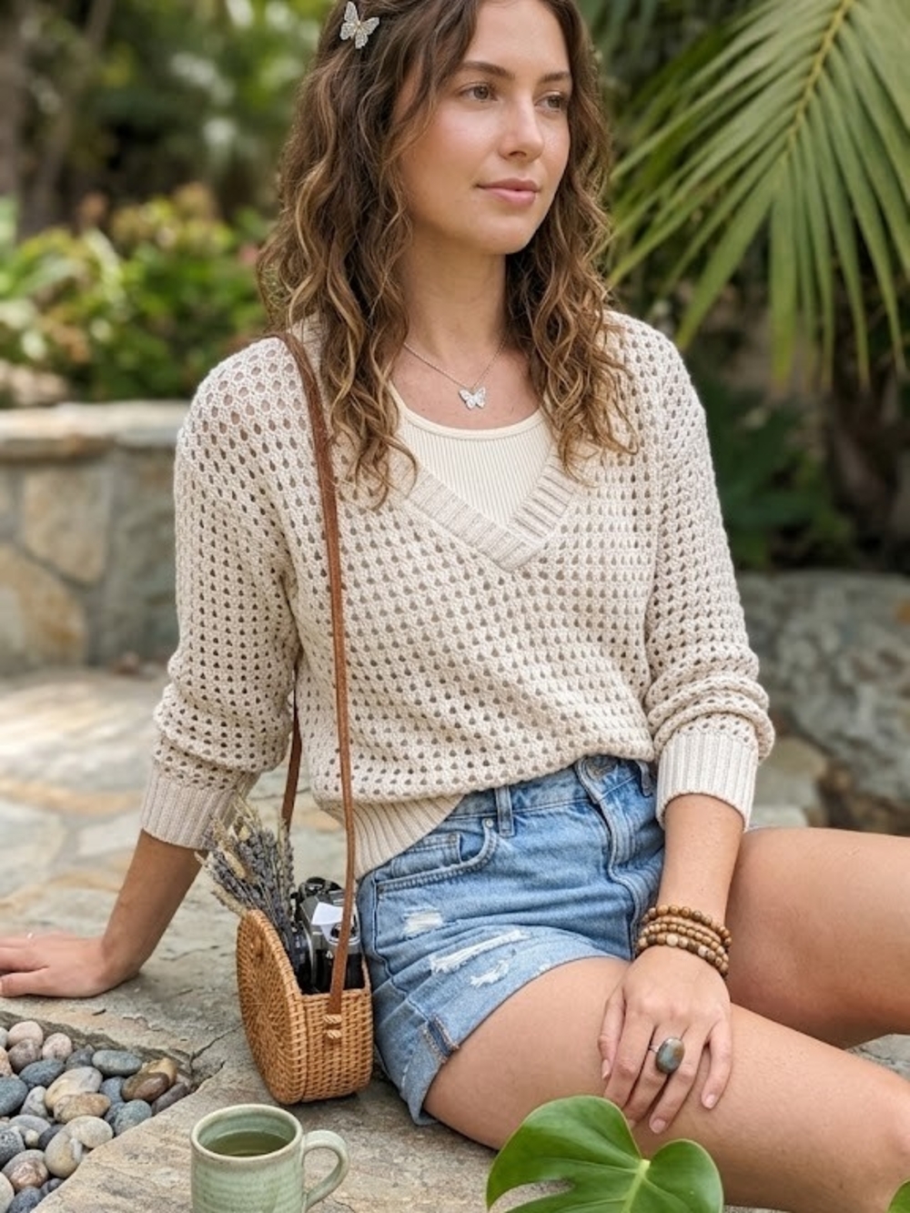 Wild Skyes Cream Crochet Knit Fisherman Sweater VNeck Coastal Grandmother